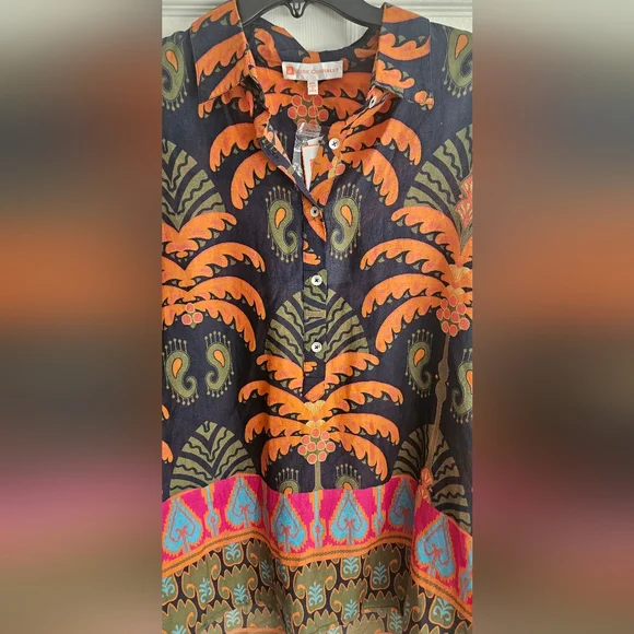 NWT Jude Connally Pru Long Sleeve Cotton Top: Decorative Frond Navy: Size- XXL - Picture 3 of 15